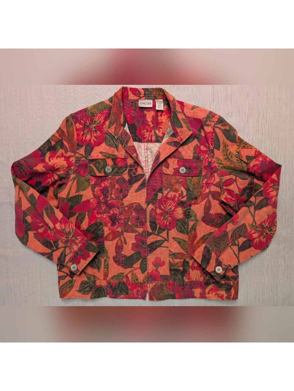 Chico's Collared Denim Statement Floral Jacket Open Front Size 2